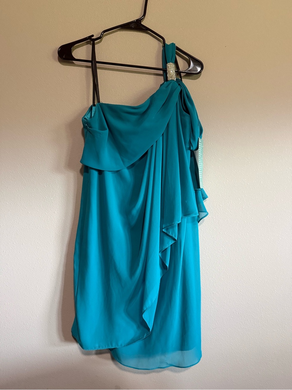 One-Shoulder Teal Ruffle Dress with Embellished Strap